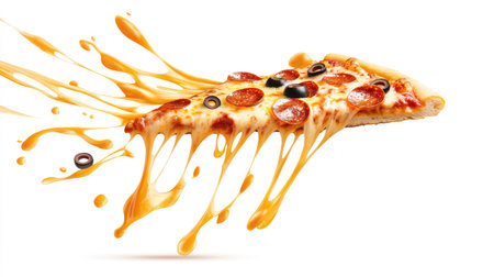 A whimsical portrayal of a pepperoni pizza slice flying with melting cheese strings, topped with olives, isolated on a white background, perfect for showcasing the joy of pizza.の素材