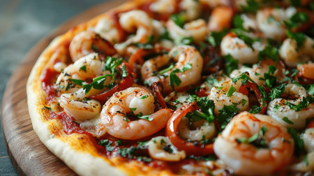A vibrant close-up of a seafood pizza with shrimp, calamari, and parsley garnish, elegantly displayed on a textured wooden background, showcasing its gourmet appeal.の素材