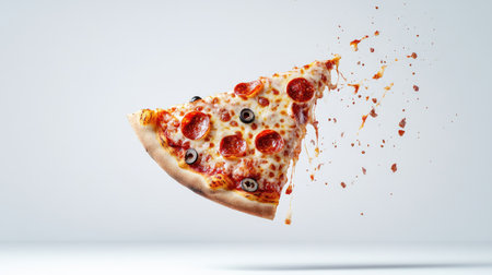A vibrant image of a flying pizza slice, showcasing a generous amount of pepperoni, olives, and melted cheese, captured in motion on a minimalist white background for impact.の素材