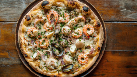 An inviting top view of a seafood pizza featuring various ocean delicacies and garnished with fresh herbs, beautifully set against a rustic wooden background for a homey feel.の素材