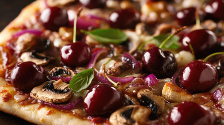 An appetizing close-up of a delicious pizza featuring vibrant cherries, caramelized onions, and fresh mushrooms, set against a dark background to emphasize the rich colors and textures.の素材