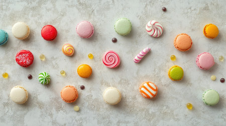 Assorted bright candies, swirl lollipops, and pastel macarons placed on a textured stone background. Flat lay with room for copy in the center. -の素材