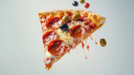 An energetic shot of a slice of pepperoni pizza soaring through the air, with colorful olives and stretchy cheese visible, against a clean white background for a fresh food appeal.の素材