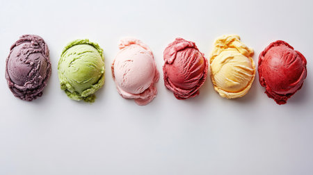 Beautifully arranged gelato in different flavors captured from above, highlighting the creamy textures and vibrant colors, perfect for enticing dessert visuals.の素材