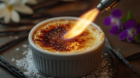 Classic cr in a ramekin, flamb with a blowtorch, showcasing the sizzling sugar and dancing flames. The scene is enriched by scattered vanilla beans.の素材