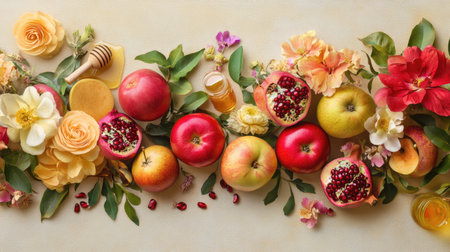 Celebrate Rosh Hashanah with a top view of traditional symbols: juicy apples, golden honey, and bright pomegranates, elegantly arranged with summer flowers on a beige backdrop. Shana Tova frame included.の素材