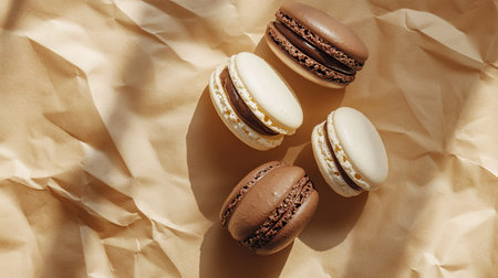 Chocolate-filled white and dark macarons placed on brown paper, with harsh light creating bold shadows. Top view, focusing on the modern minimalism concept with copy space.の素材