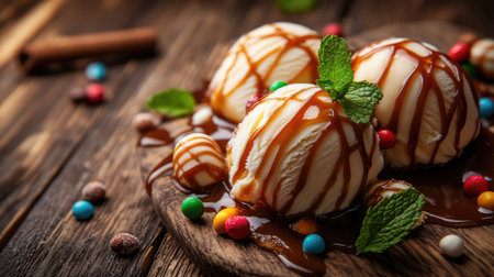 Close-up of delectable ice cream scoops drizzled with caramel sauce, garnished with fresh mint leaves and candies, captured on a rustic wooden table. Perfect for dessert visuals with space for your message.の素材