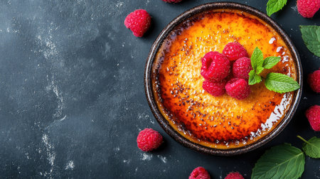 Close-up of luscious garnished with fresh raspberries and mint leaves, beautifully arranged on a dark table. The layout allows for easy text overlay, ideal for menus.の素材