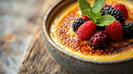 Close-up of a bowl filled with smooth cr , topped with juicy berries and fresh mint leaves, set against a rustic wooden background. Captivating and inviting.の素材