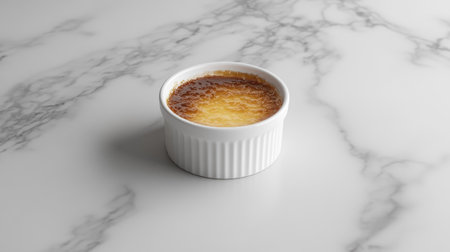 in a white ramekin with a torched top, placed on a marble surface. Clean, minimalist background with room for copyの素材