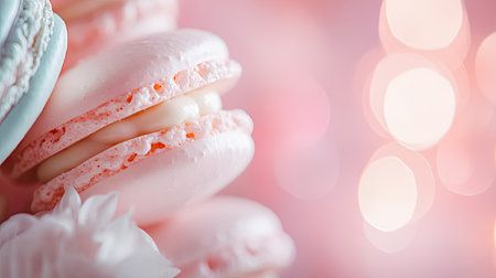 Close-up of delicate macarons in soft pastels on one side of the image, with ample blurred background space on the other side for a luxurious feel.の素材