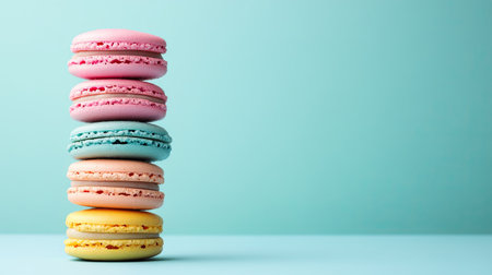 Colorful macarons neatly stacked on one side of the frame, leaving ample copy space on the right with a soft pastel background. Perfect for dessert-themed designs.の素材