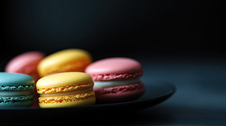 Close-up view of vibrant macarons arranged on a black plate, showcasing the contrast between the dark background and the colorful, smooth surfaces of the pastries.の素材