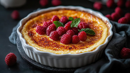 Delicious cottage cheese cheesecake served in a casserole dish, beautifully set against a dark backdrop. Ideal for showcasing decadent desserts with a rich appearance.の素材
