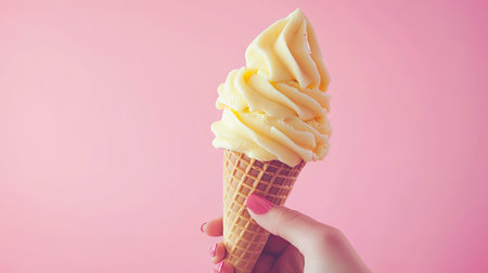 Close-up shot of a woman's hand holding a cone of lemon strawberry ice cream, the pastel pink background providing a charming backdrop for this sweet treat.の素材