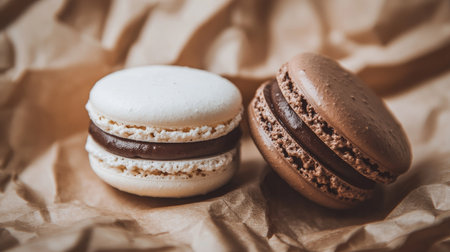 Close-up of white and dark macarons with chocolate ganache filling, placed on a rustic brown paper surface. The hard light adds depth and a modern minimalist touch.の素材