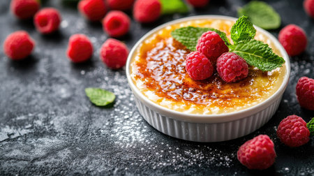 Close-up of luscious garnished with fresh raspberries and mint leaves, beautifully arranged on a dark table. The layout allows for easy text overlay, ideal for menus.の素材