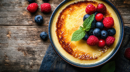 Close-up top-down view of smooth topped with berries and mint, beautifully presented in a bowl on a wooden table, leaving room for promotional text. -の素材