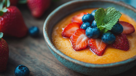 Delicious garnished with juicy strawberries and blueberries, adorned with a sprig of mint, presented in a charming bowl on a warm wooden table. Close-up focus.の素材