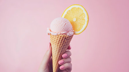 Close-up shot of a woman's hand holding a cone of lemon strawberry ice cream, the pastel pink background providing a charming backdrop for this sweet treat.の素材