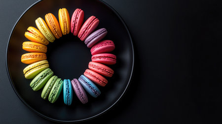 Colorful macarons arranged in a circle on a glossy black plate, emphasizing the contrast between the vibrant pastries and the dark background.の素材