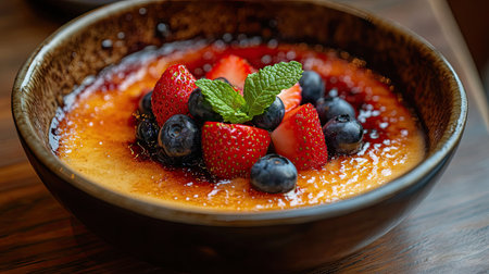 Delicious garnished with juicy strawberries and blueberries, adorned with a sprig of mint, presented in a charming bowl on a warm wooden table. Close-up focus.の素材