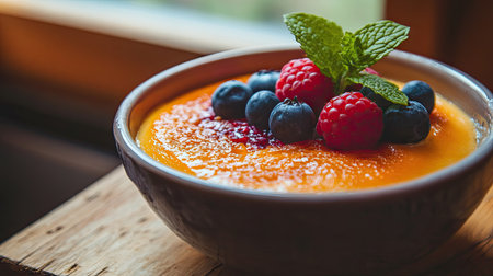 Delicious in a bowl garnished with vibrant berries and a sprig of mint, placed on a wooden table. Close-up focus on the textures and colors.の素材