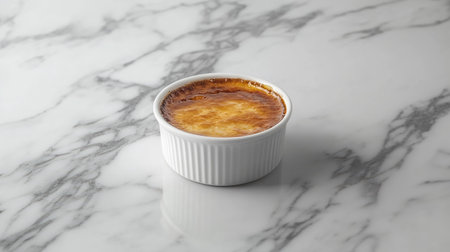 in a white ramekin with a torched top, placed on a marble surface. Clean, minimalist background with room for copyの素材