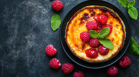 Delicious dessert topped with fresh raspberries and mint leaves, elegantly presented on a dark table. Layout allows for ample copy space, ideal foの素材