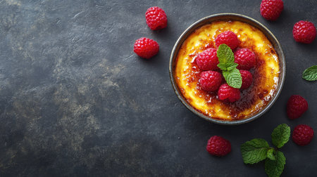 Delicious dessert topped with fresh raspberries and mint leaves, elegantly presented on a dark table. Layout allows for ample copy space, ideal foの素材