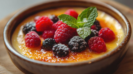 Close-up view of topped with mixed berries and mint in a bowl, set against a rustic wooden table. A delightful composition perfect for dessert lovers.の素材