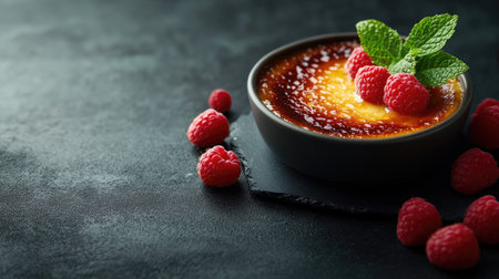 Decadent with a caramelized crust, complemented by juicy raspberries and mint leaves, presented on a dark surface. Ample space for customization, perfect forの素材