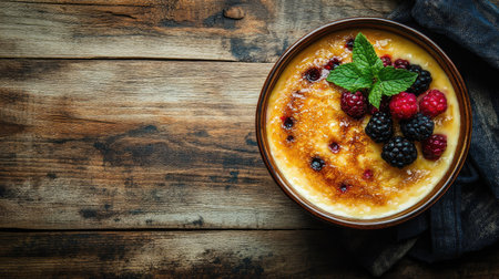 Delicious in a bowl viewed from above, featuring a golden crust and adorned with fresh berries and mint, set against a wooden backdrop with text space.の素材