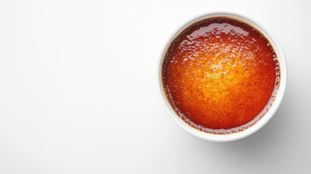 Close-up top view of with a shiny caramelized surface in a white ramekin, centered on a minimalist background. Ample room for copy or branding.の素材