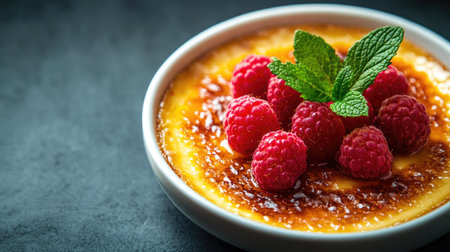 Delicious topped with plump raspberries and mint leaves, displayed on a dark table. The composition allows for clear copy space, perfect for dessert-themed visuals.の素材