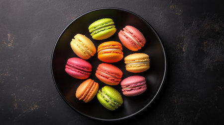 Top view of colorful French macarons neatly arranged on a black plate, creating a dramatic contrast that highlights the vividness of each cookie.の素材