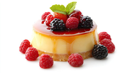Delicious with a golden caramelized top, decorated with juicy berries, set against a pure white background. Great for promoting indulgent desserts.の素材