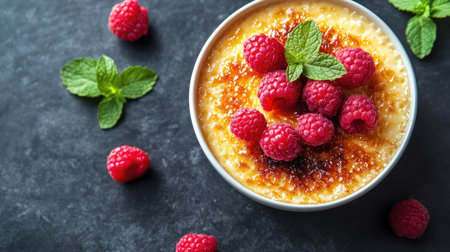 Delicious topped with plump raspberries and mint leaves, displayed on a dark table. The composition allows for clear copy space, perfect for dessert-themed visuals.の素材