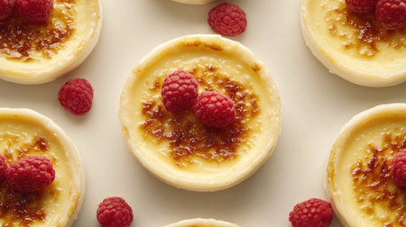 Delightful presentation of topped with fresh raspberries, arranged on a light baking sheet. The composition features ample space for captions or marketing text.の素材