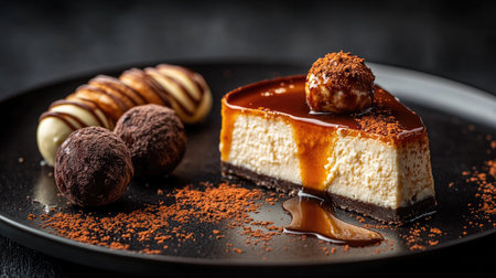 Elegant cheesecake slices with a caramel drizzle, paired with truffles and on a dark plate. A sophisticated and indulgent dessert presentation.の素材