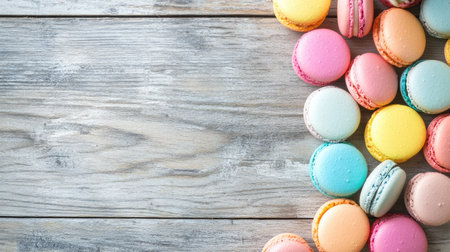 Flat lay of colorful macarons in pastel hues, scattered over a wooden background, with an open space in the upper left corner for text or graphics.の素材
