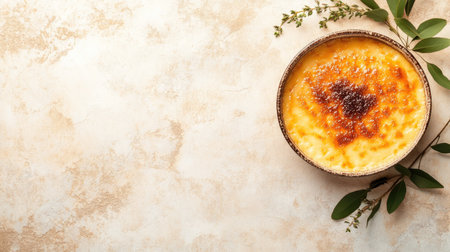 Elegant with caramelized top, placed on the left side of the frame, leaving ample copy space on a light-colored background. Perfect for dessert-themed visuals.の素材