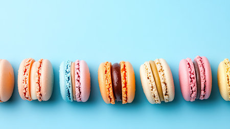 Macarons in various pastel tones aligned on the bottom right of the frame, with the upper portion of the image left blank for easy customization with text.の素材
