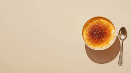 Minimalist flat lay of a single with a spoon, leaving large open space on a beige background for text or promotional content.の素材