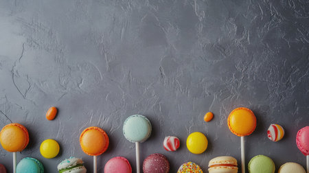 Flat lay of bright lollipops, candies, and colorful macarons arranged over a textured stone background, leaving space for text or graphics.の素材