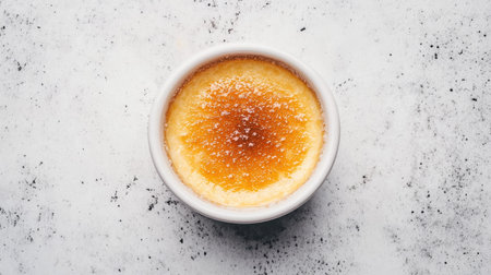 Top view of a single in a white ramekin with a perfectly caramelized sugar crust. Clean background with ample space for text or design elements.の素材
