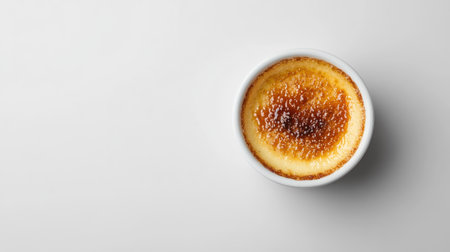 Top view of a single in a white ramekin, with a rich golden crust. Generous empty space on the right for text or branding. Minimalist and elegant.の素材