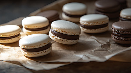 French macarons in white and dark tones with chocolate filling, arranged on brown paper under harsh light, creating sharp shadows. Clean, modern, and minimalistic.の素材