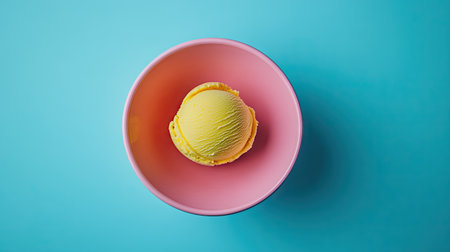 Top view of a single scoop of gelato in a colorful dish, with a clean background providing clear space for text or a logo. Ideal for dessert advertisementsの素材